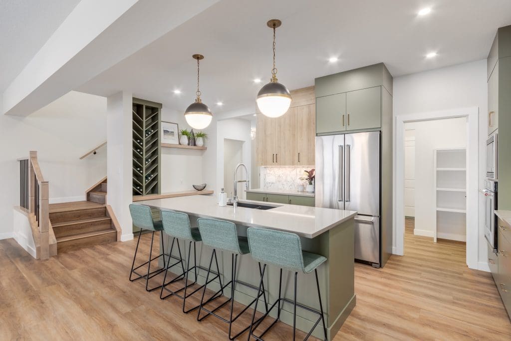 Crimson Ridge Kitchen with Light green cabinetry and light wood accents with quartz counter top