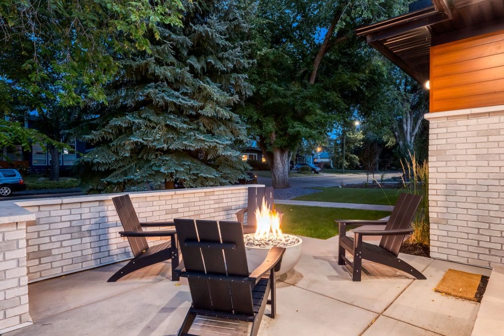 Exterior front patio with propane fireplace