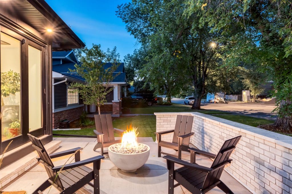 Exterior front patio with propane fireplace